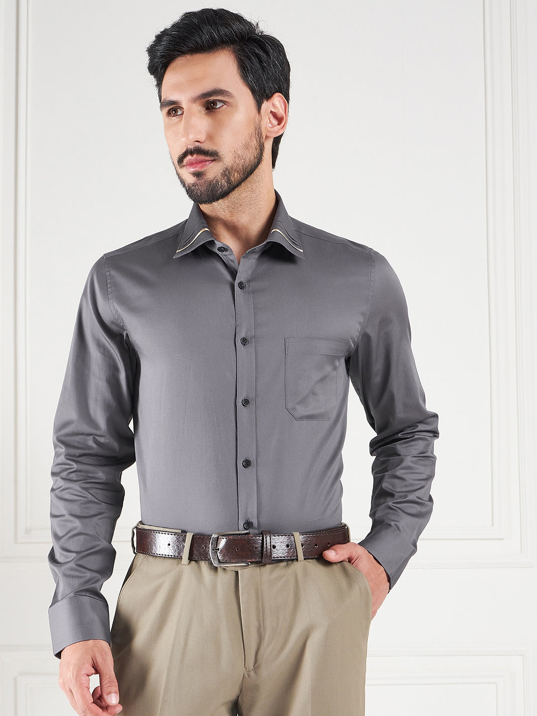 Regular Fit Solid Grey Shirt For Men