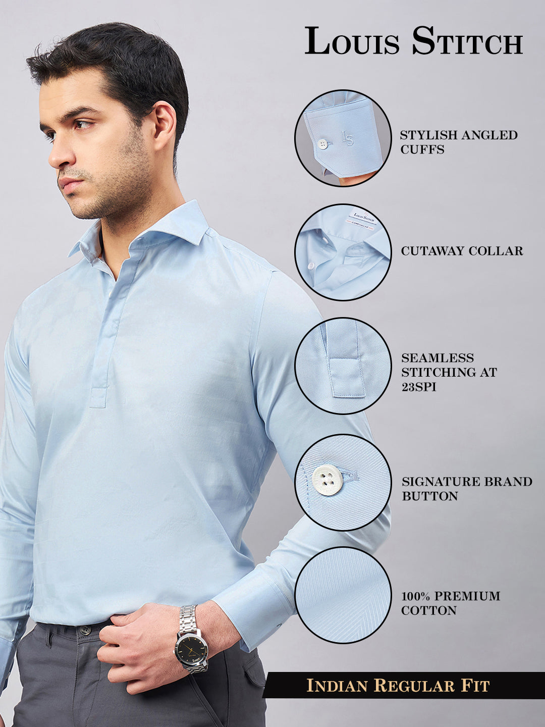 Regular Fit Semi Formal Solid Blue Shirt For Men