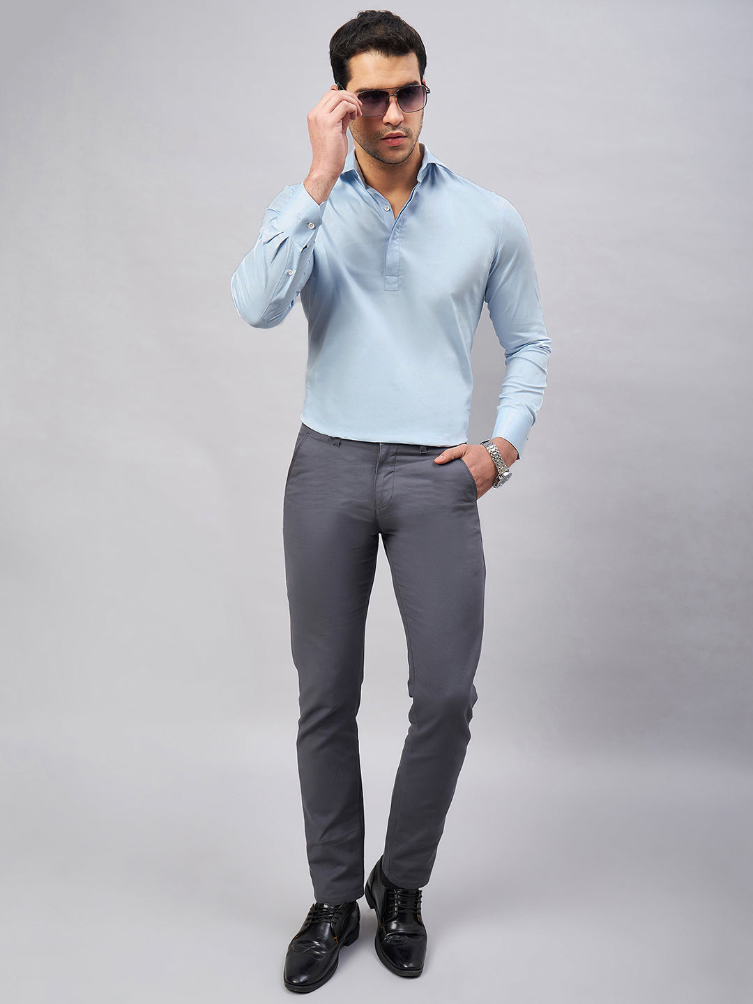 Regular Fit Semi Formal Solid Blue Shirt For Men