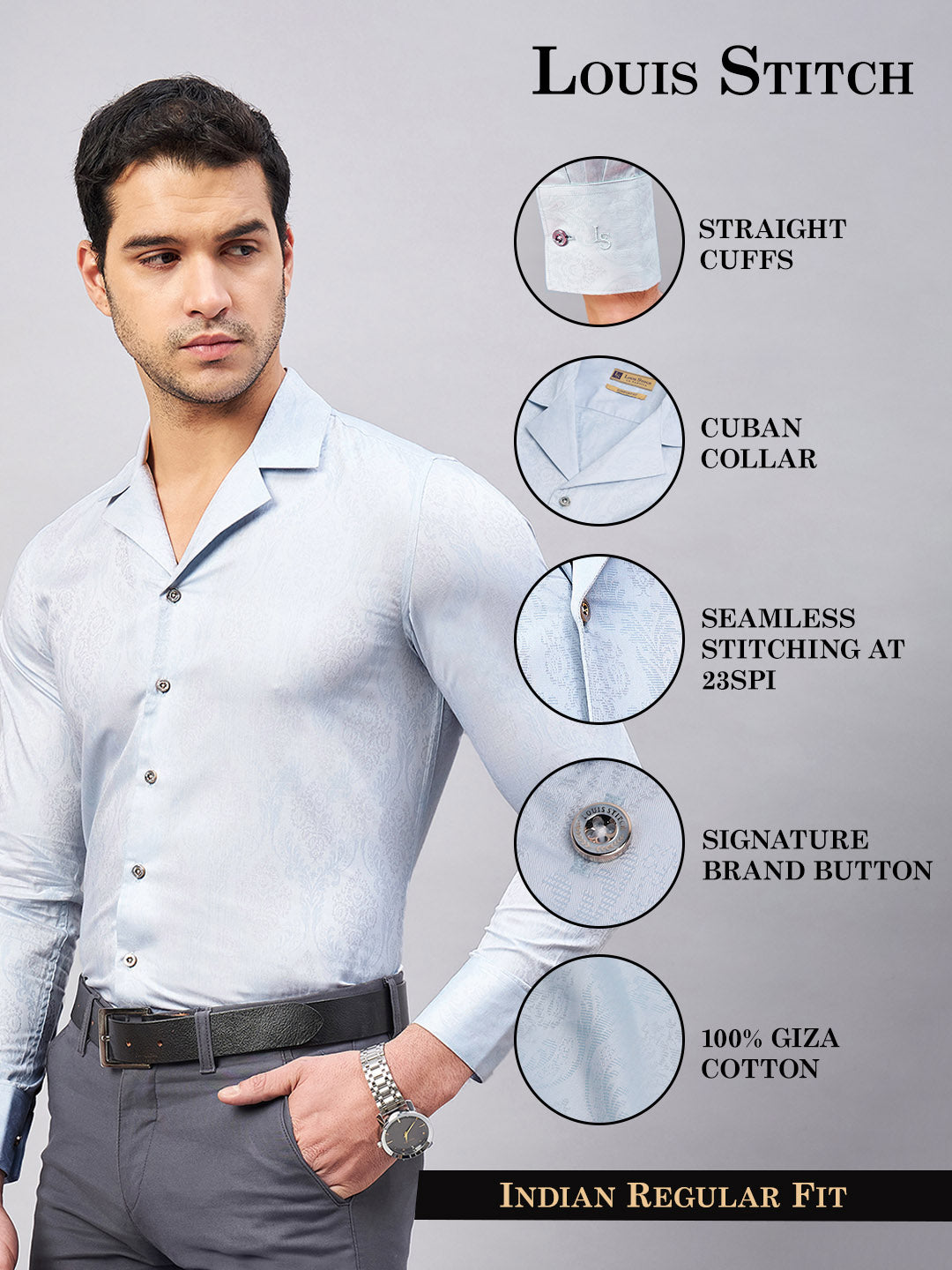 Regular Fit Cuban Collar Abstract Blue Shirt For Men