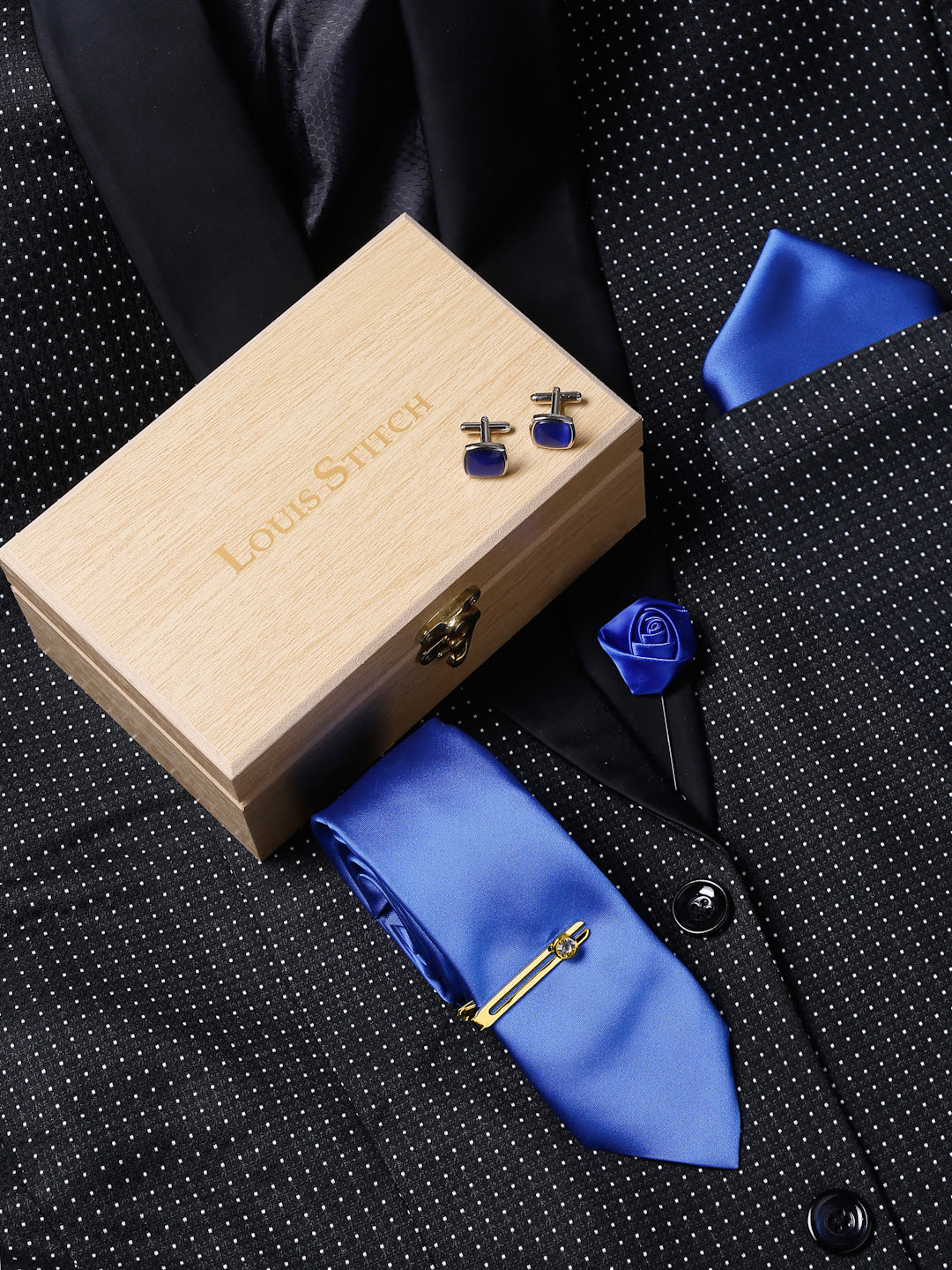 Blue Luxury Italian Silk Necktie Set With Pocket Square Cufflinks Brooch Chrome Tie pin