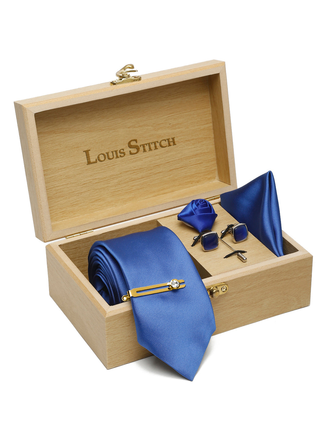 Blue Luxury Italian Silk Necktie Set With Pocket Square Cufflinks Brooch Gold Tie pin