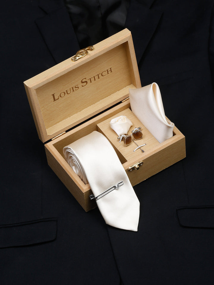  Cream Luxury Italian Silk Necktie Set With Pocket Square Cufflinks Brooch Chrome Tie pin