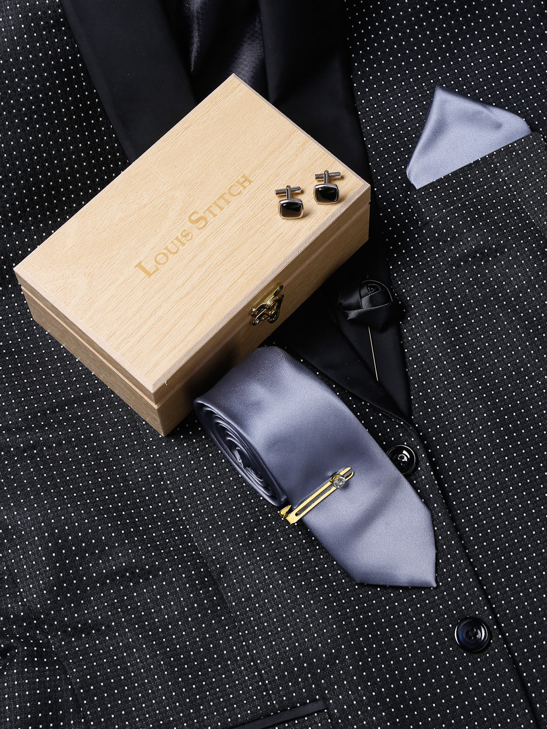 Grey Luxury Italian Silk Necktie Set With Pocket Square Cufflinks Brooch Gold Tie pin