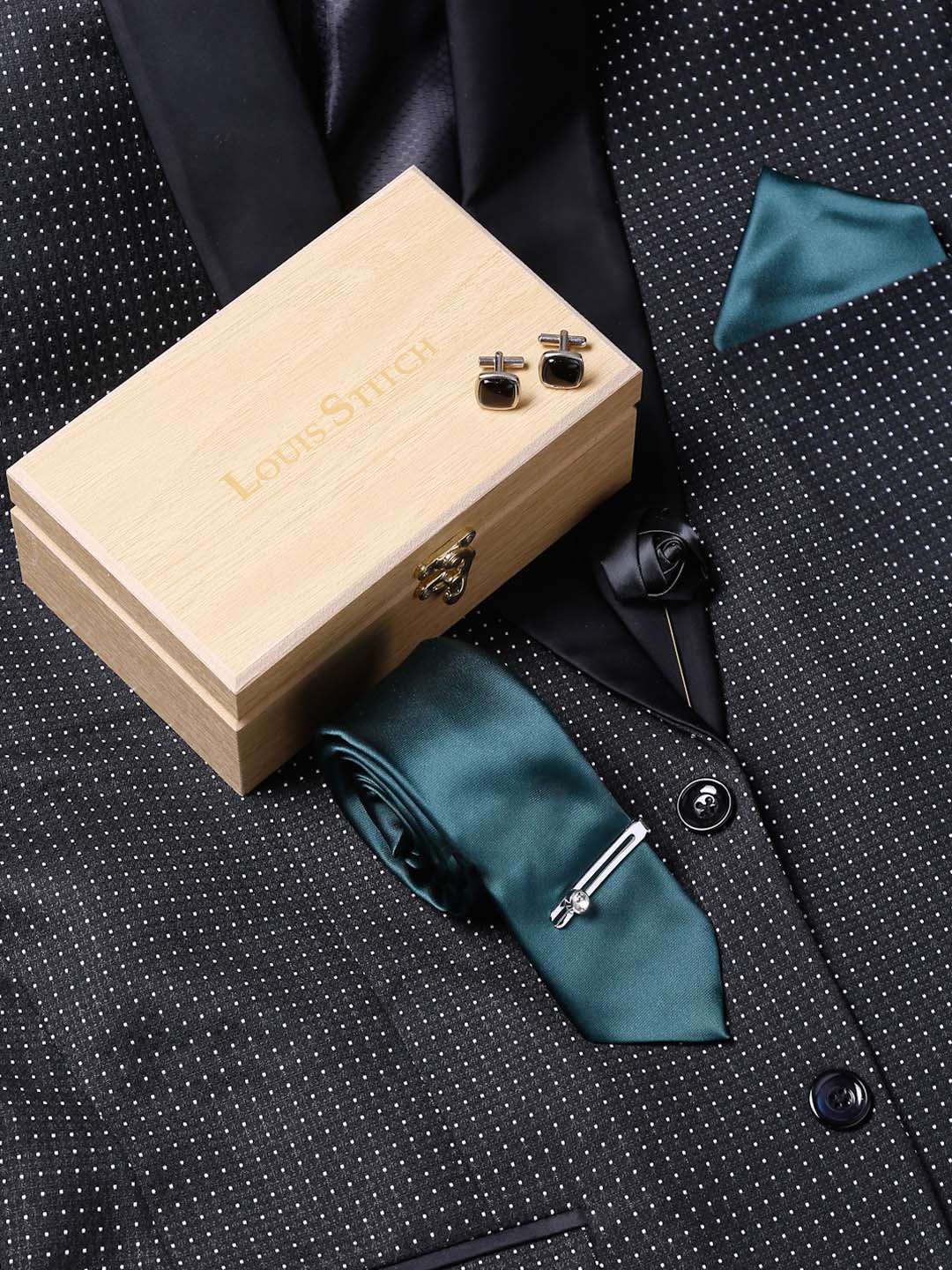 Green Luxury Italian Silk Necktie Set With Pocket Square Cufflinks Brooch Chrome Tie pin