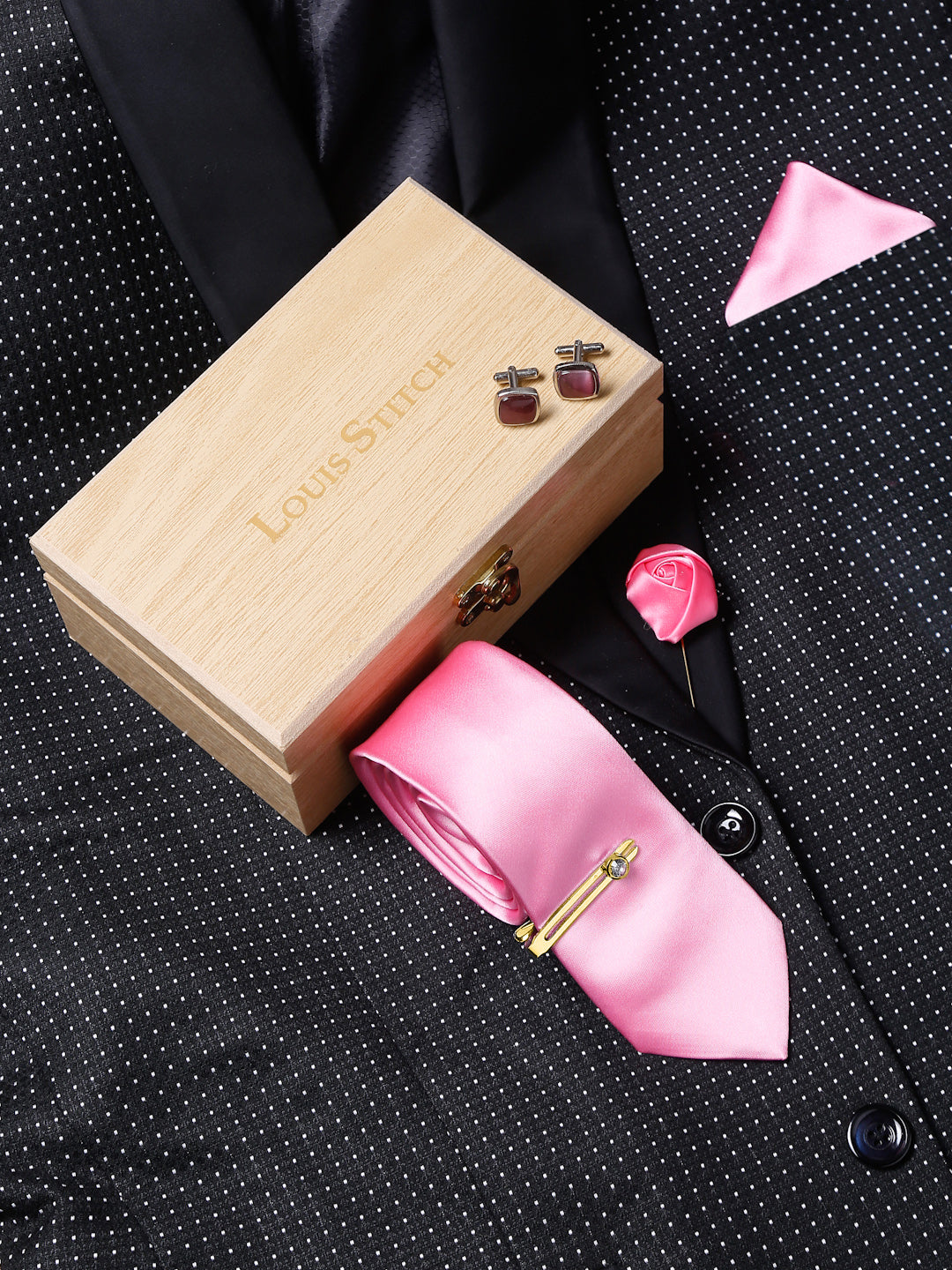 Pink Luxury Italian Silk Necktie Set With Pocket Square Cufflinks Brooch Chrome Tie pin