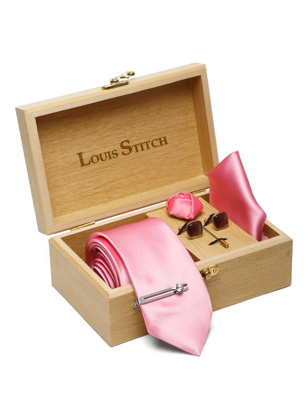 Pink Luxury Italian Silk Necktie Set With Pocket Square Cufflinks Brooch Chrome Tie pin