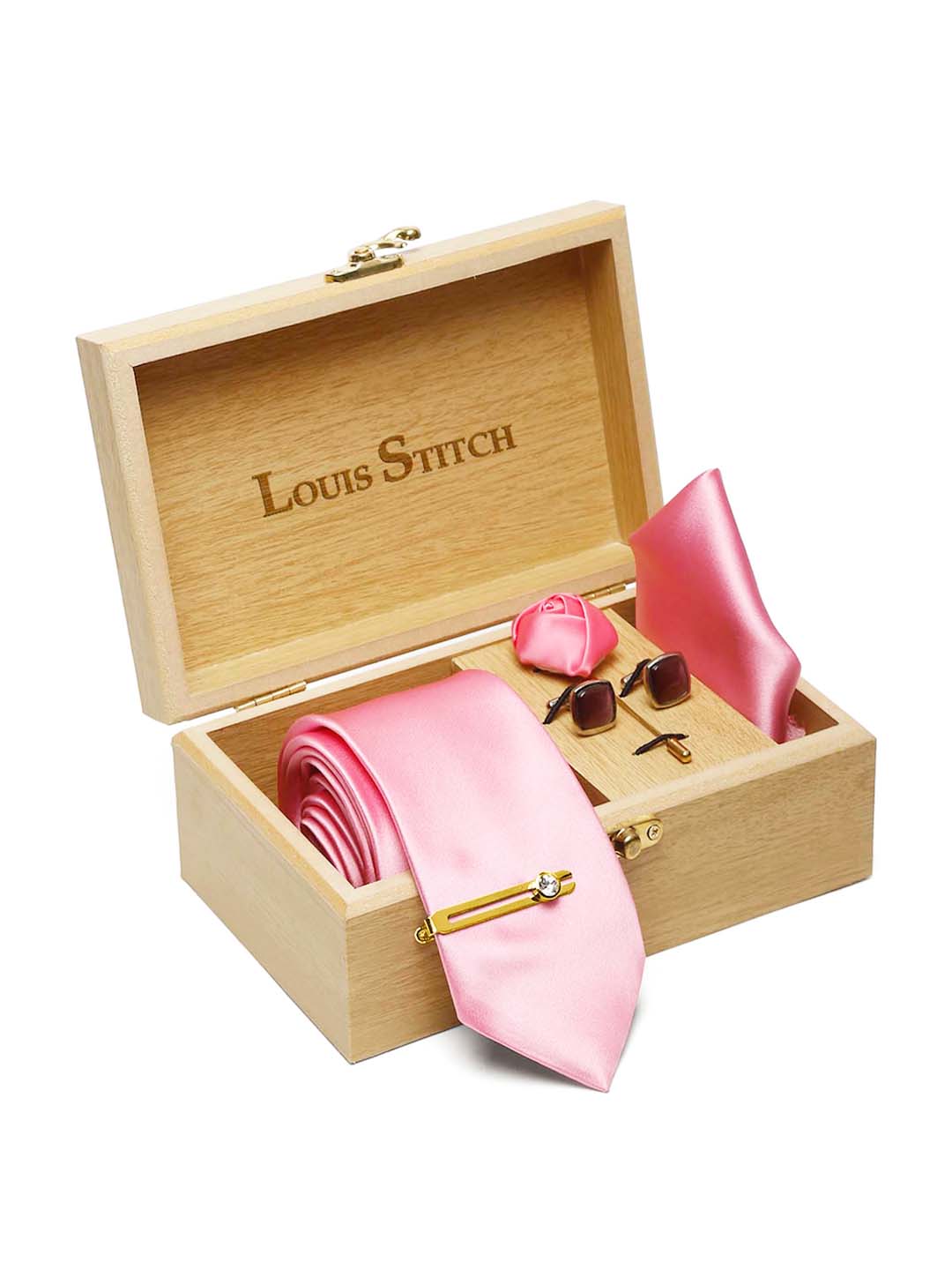 Pink Luxury Italian Silk Necktie Set With Pocket Square Cufflinks Brooch Gold Tie pin