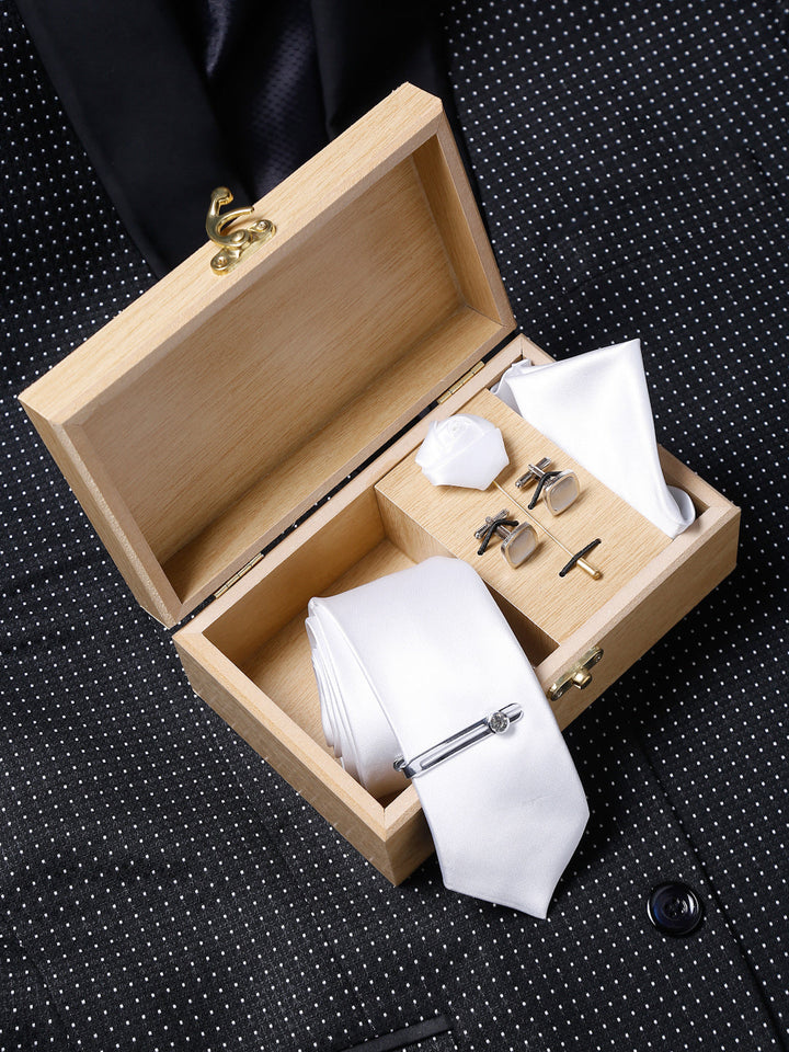  White Luxury Italian Silk Necktie Set With Pocket Square Cufflinks Brooch Chrome Tie pin