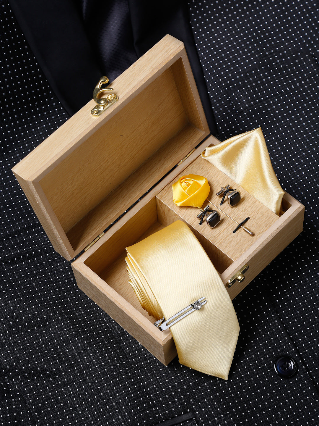  Yellow Luxury Italian Silk Necktie Set With Pocket Square Cufflinks Brooch Chrome Tie pin