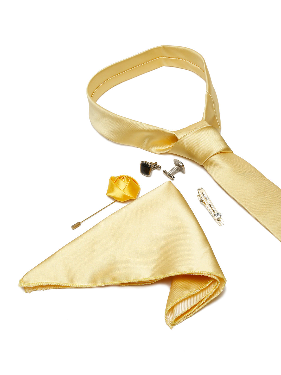 Yellow Luxury Italian Silk Necktie Set With Pocket Square Cufflinks Brooch Chrome Tie pin