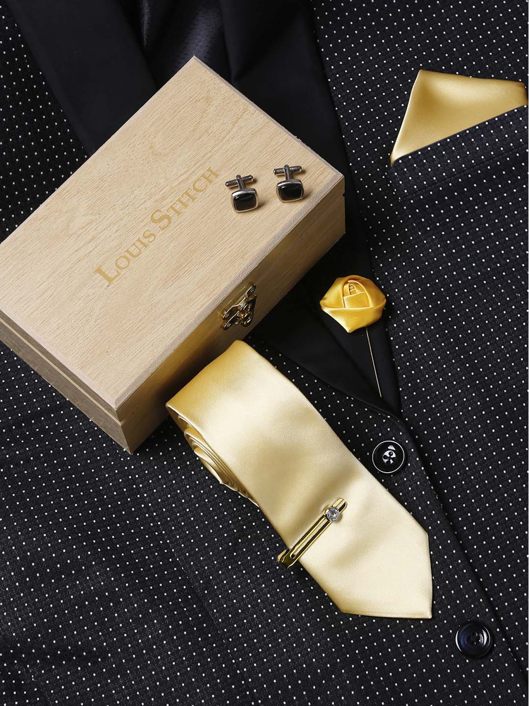 Yellow Luxury Italian Silk Necktie Set With Pocket Square Cufflinks Brooch Gold Tie pin