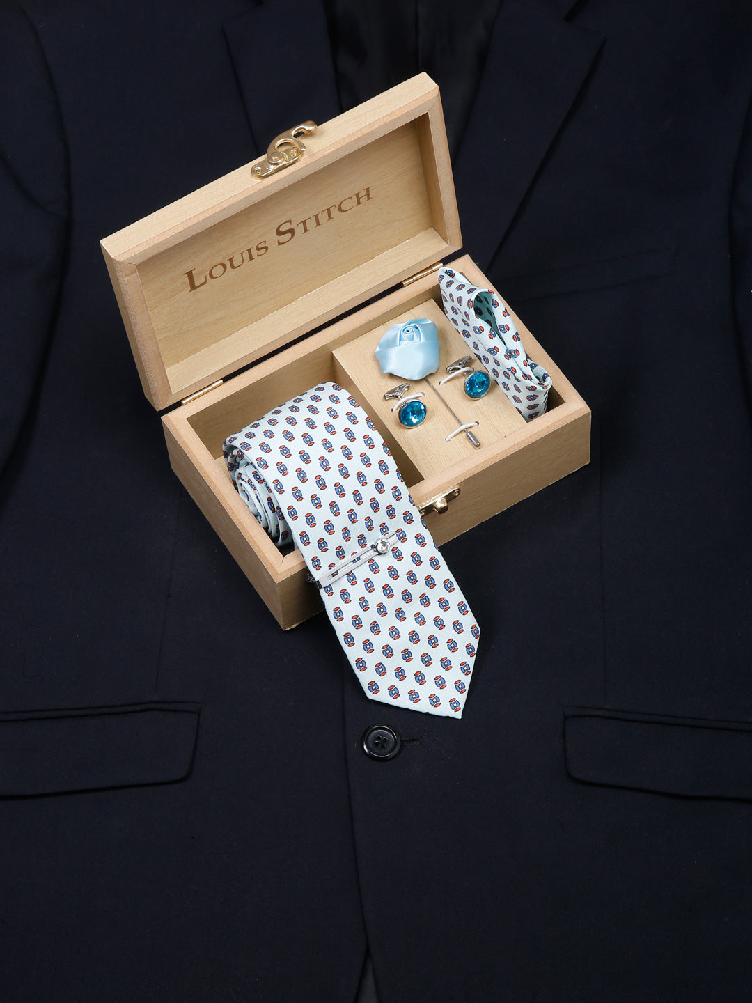 Electric Blue Luxury Italian Silk Necktie Set With Pocket Square Cufflinks Brooch Chrome Tie pin