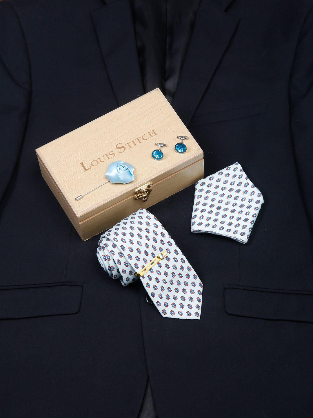 Electric Blue Luxury Italian Silk Necktie Set With Pocket Square Cufflinks Brooch Gold Tie pin