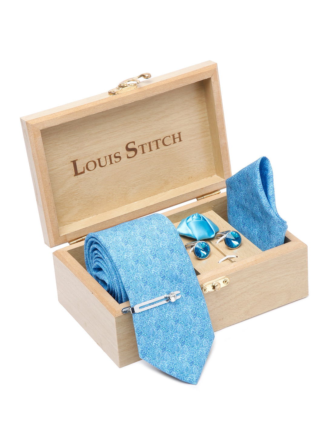 Maya Blue Luxury Italian Silk Necktie Set With Pocket Square Cufflinks Brooch Chrome Tie pin