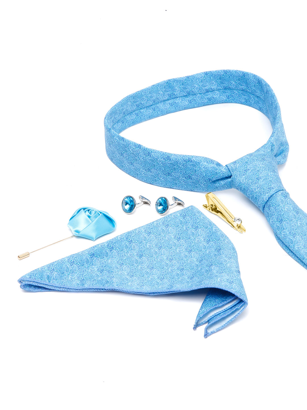 Maya Blue Luxury Italian Silk Necktie Set With Pocket Square Cufflinks Brooch Gold Tie pin