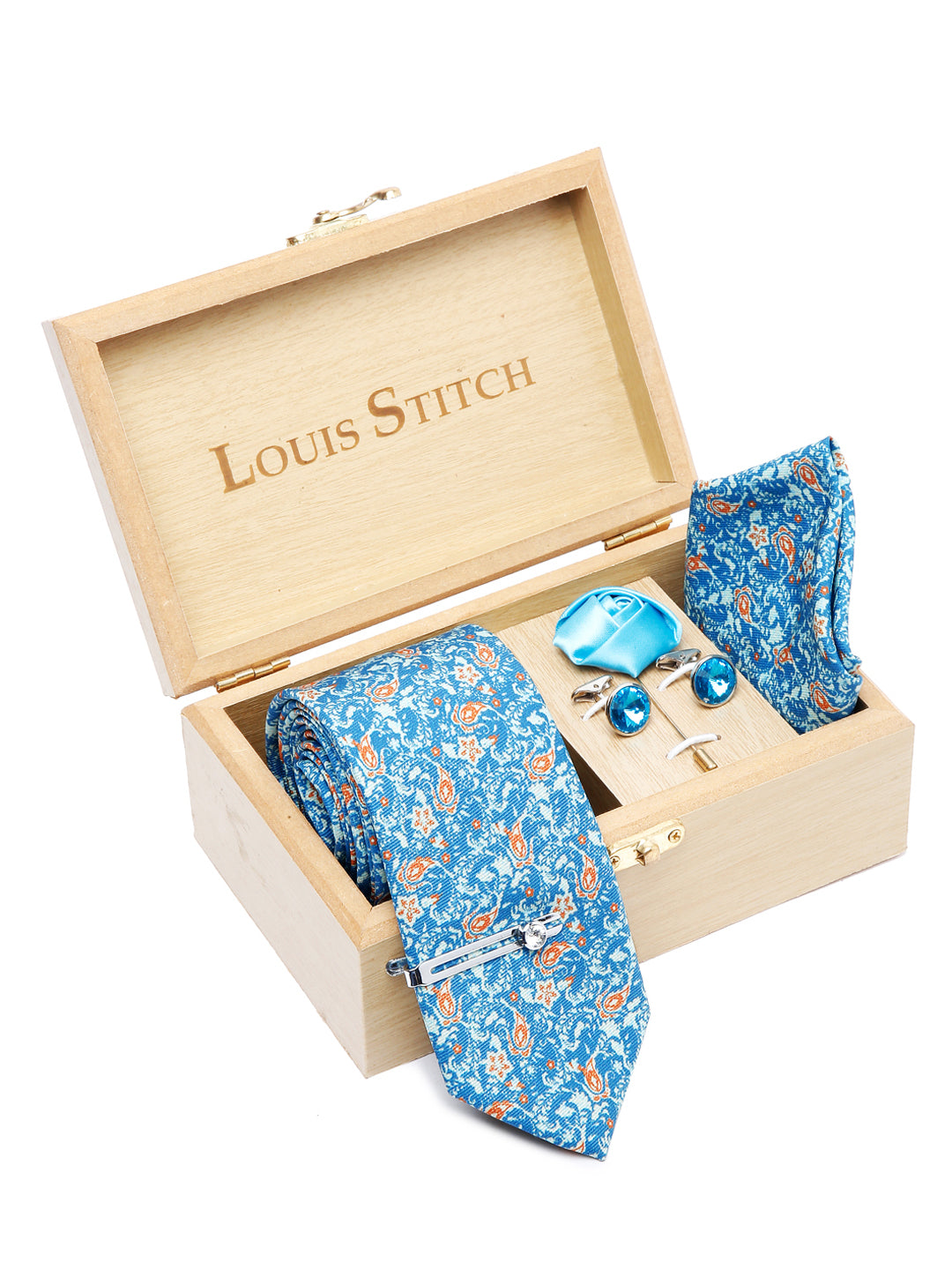 Baby Blue Luxury Italian Silk Necktie Set With Pocket Square Cufflinks Brooch Chrome Tie pin