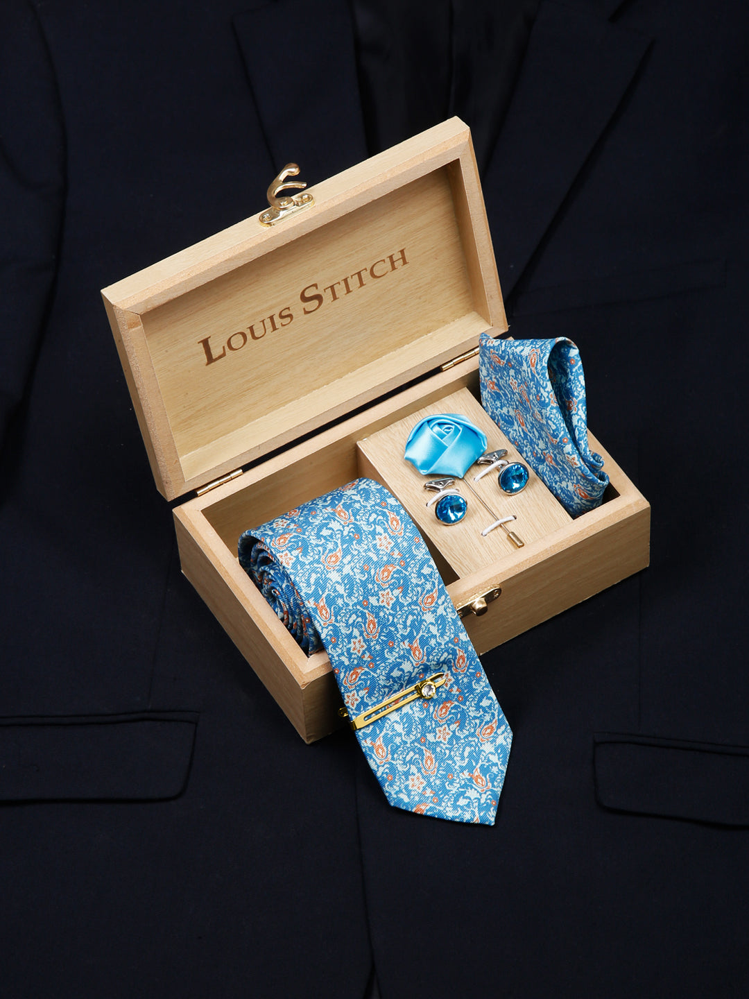 Baby Blue Luxury Italian Silk Necktie Set With Pocket Square Cufflinks Brooch Gold Tie pin