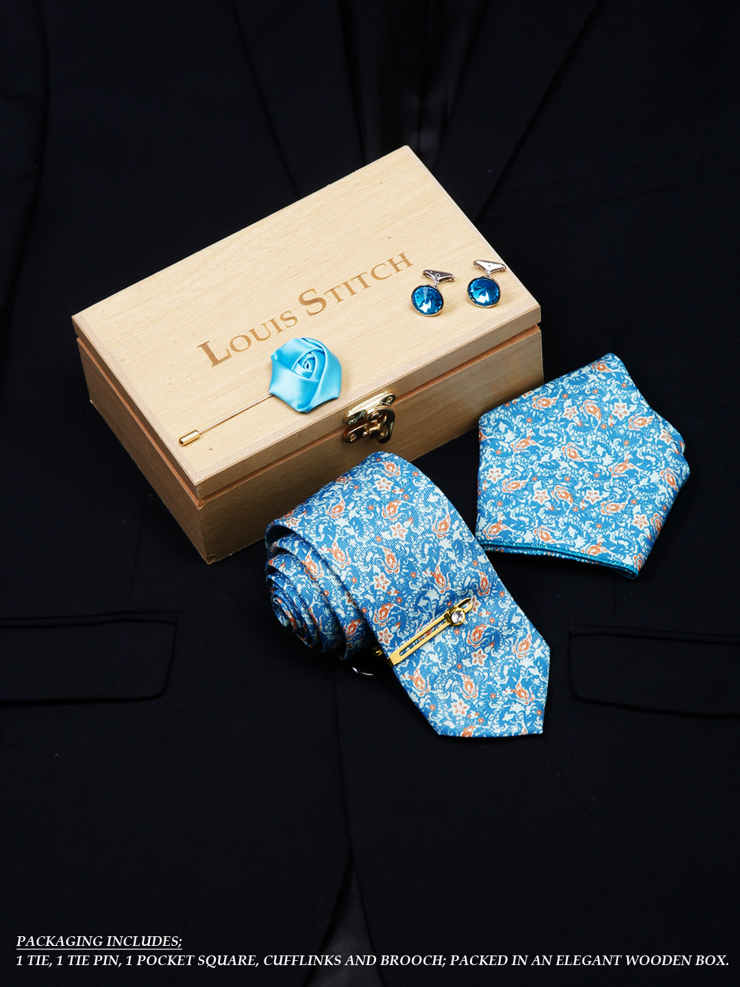 Baby Blue Luxury Italian Silk Necktie Set With Pocket Square Cufflinks Brooch Gold Tie pin