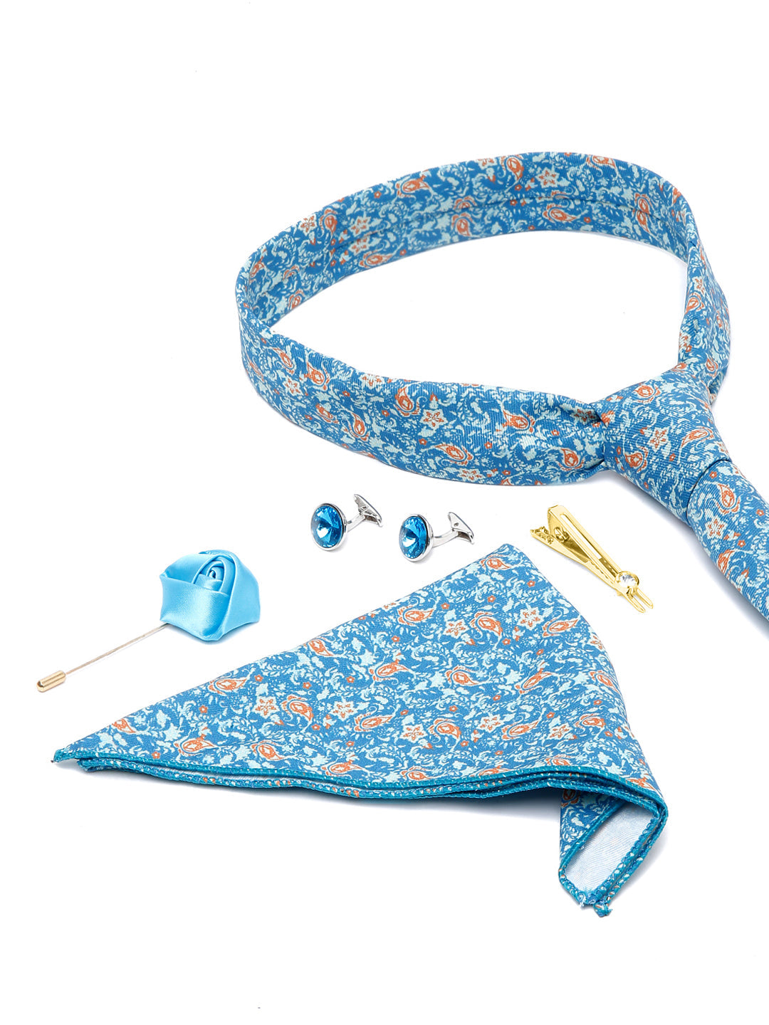 Baby Blue Luxury Italian Silk Necktie Set With Pocket Square Cufflinks Brooch Gold Tie pin