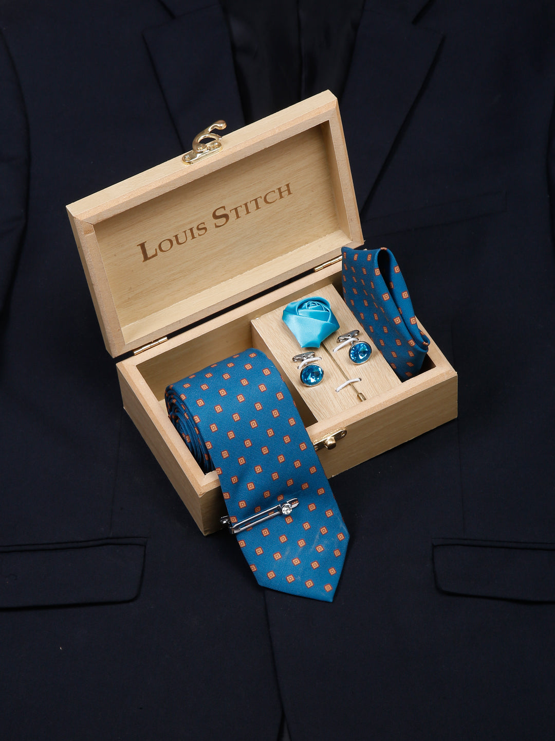 Cerulean Blue Luxury Italian Silk Necktie Set With Pocket Square Cufflinks Brooch Chrome Tie pin