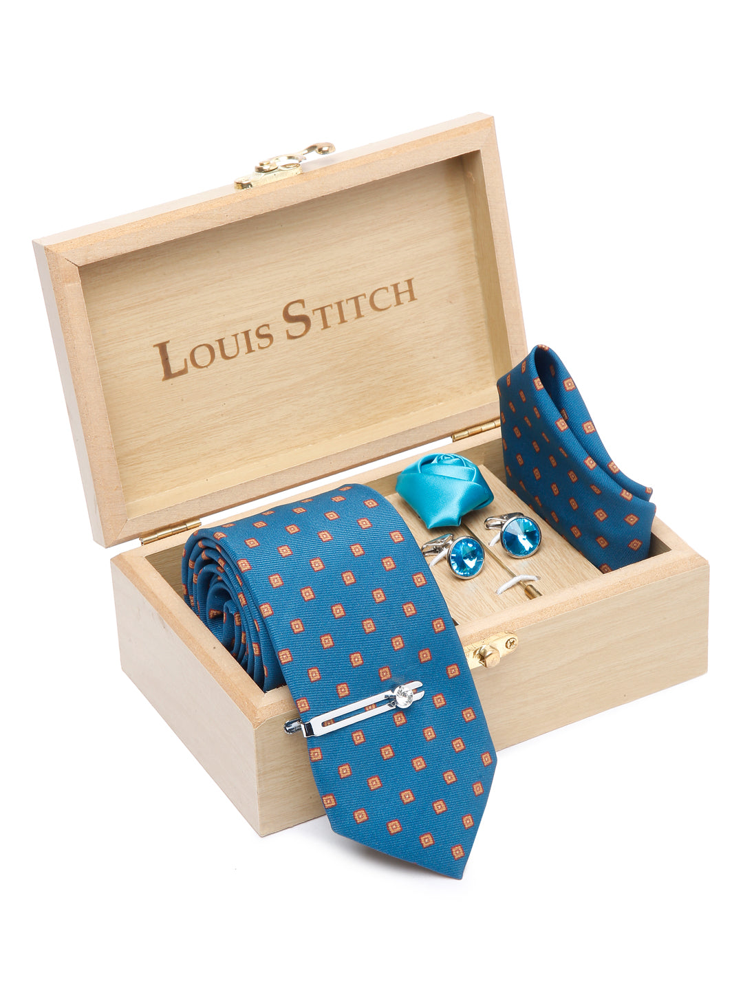 Cerulean Blue Luxury Italian Silk Necktie Set With Pocket Square Cufflinks Brooch Chrome Tie pin