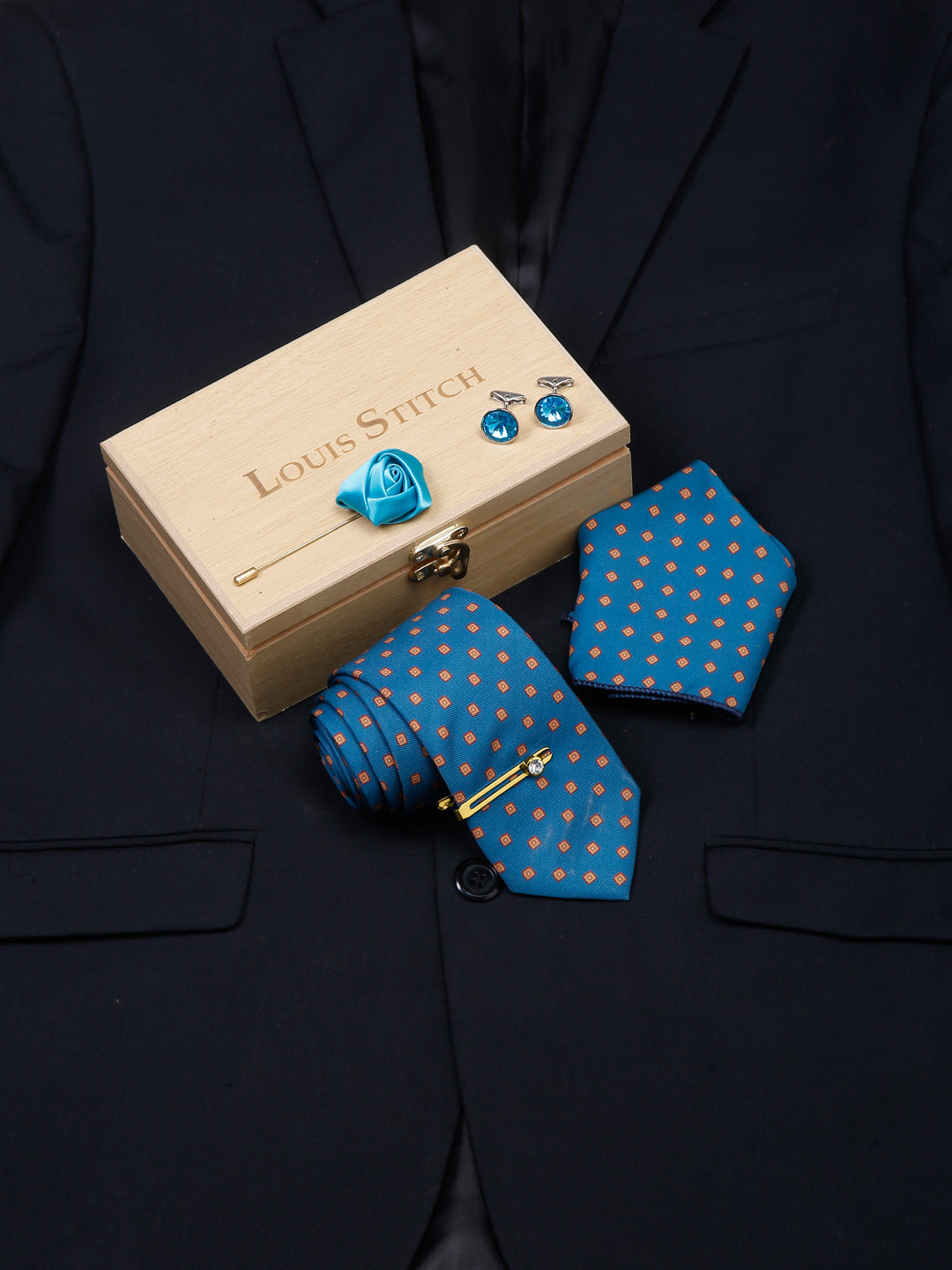 Cerulean Blue Luxury Italian Silk Necktie Set With Pocket Square Cufflinks Brooch Gold Tie pin