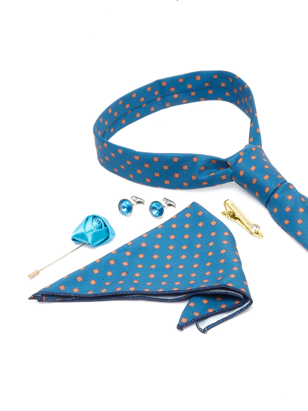 Cerulean Blue Luxury Italian Silk Necktie Set With Pocket Square Cufflinks Brooch Gold Tie pin