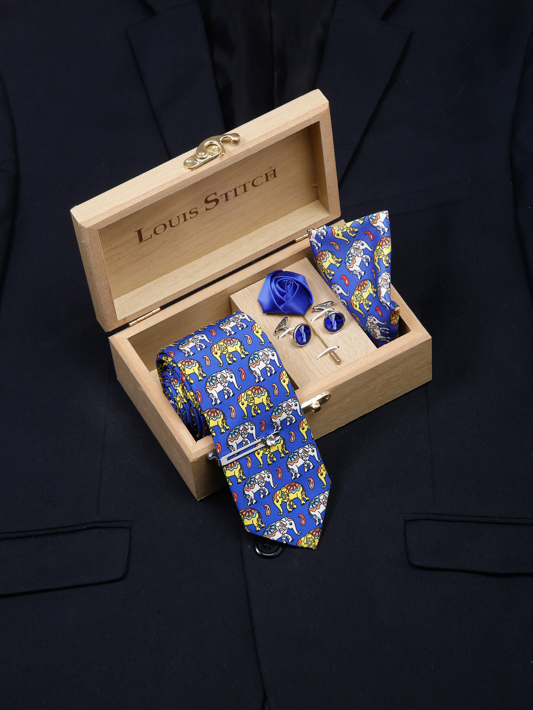 Dodger Blue Luxury Italian Silk Necktie Set With Pocket Square Cufflinks Brooch Chrome Tie pin