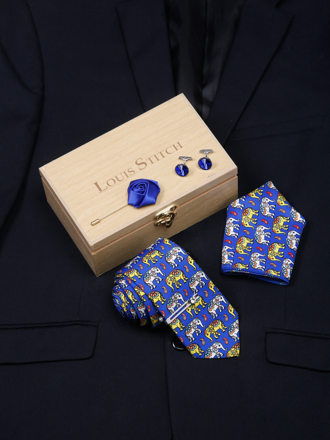 Dodger Blue Luxury Italian Silk Necktie Set With Pocket Square Cufflinks Brooch Chrome Tie pin