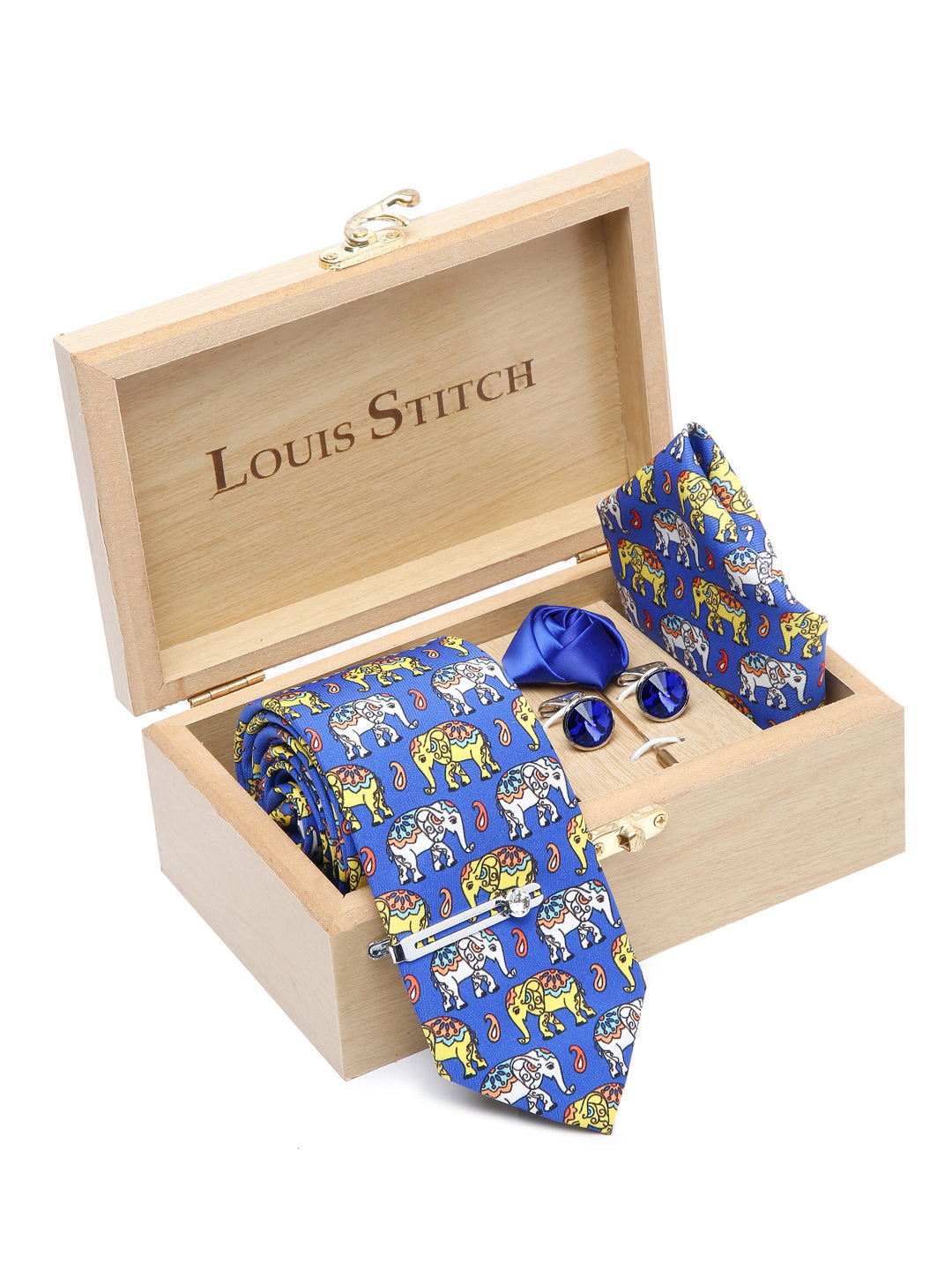 Dodger Blue Luxury Italian Silk Necktie Set With Pocket Square Cufflinks Brooch Chrome Tie pin