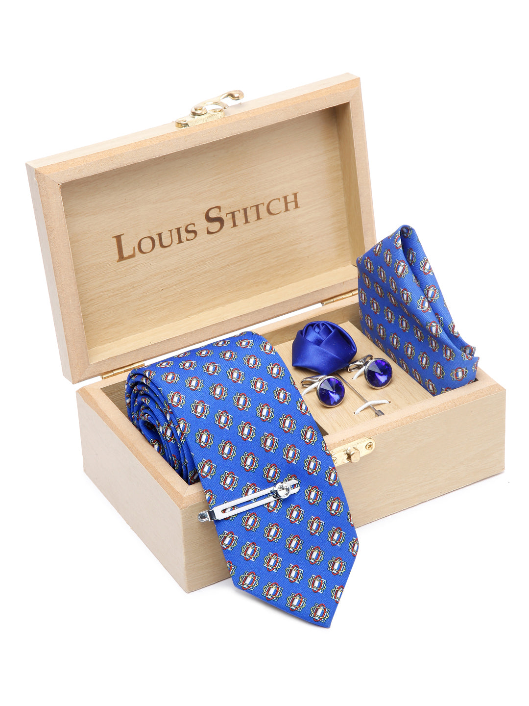 Brandeis Blue Luxury Italian Silk Necktie Set With Pocket Square Cufflinks Brooch Chrome Tie pin