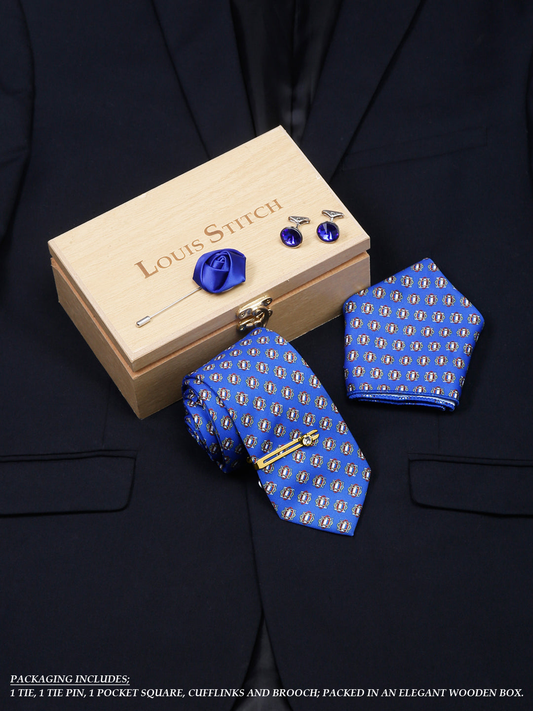 Brandeis Blue Luxury Italian Silk Necktie Set With Pocket Square Cufflinks Brooch Gold Tie pin