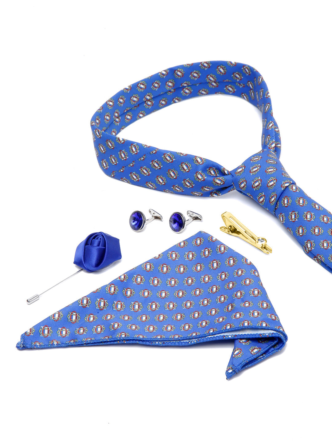 Brandeis Blue Luxury Italian Silk Necktie Set With Pocket Square Cufflinks Brooch Gold Tie pin