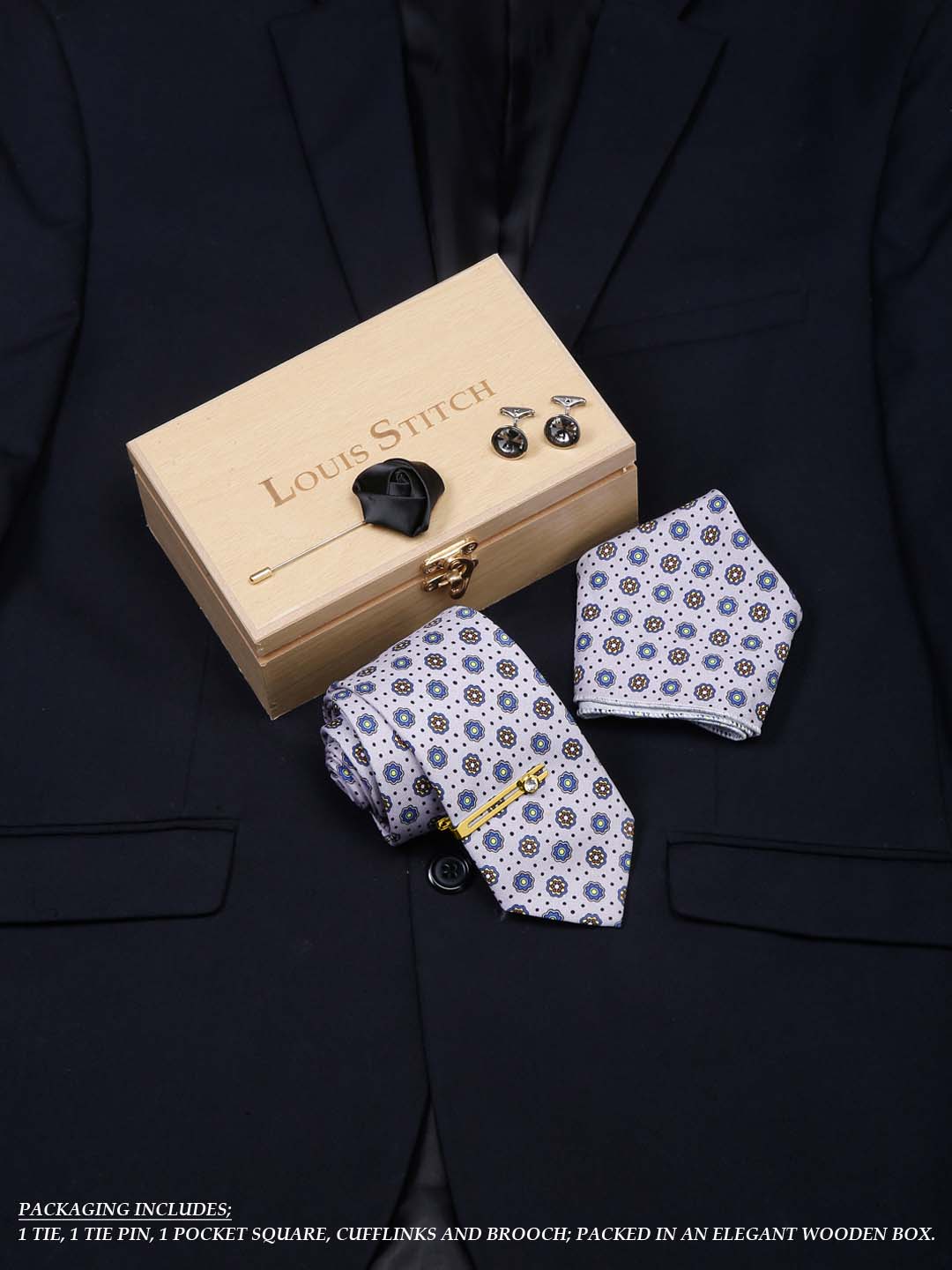 Lilac Gray Whisper Luxury Italian Silk Necktie Set With Pocket Square Cufflinks Brooch Gold Tie pin