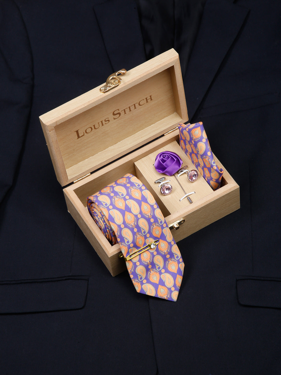 Amethyst Purple Luxury Italian Silk Necktie Set With Pocket Square Cufflinks Brooch Gold Tie pin