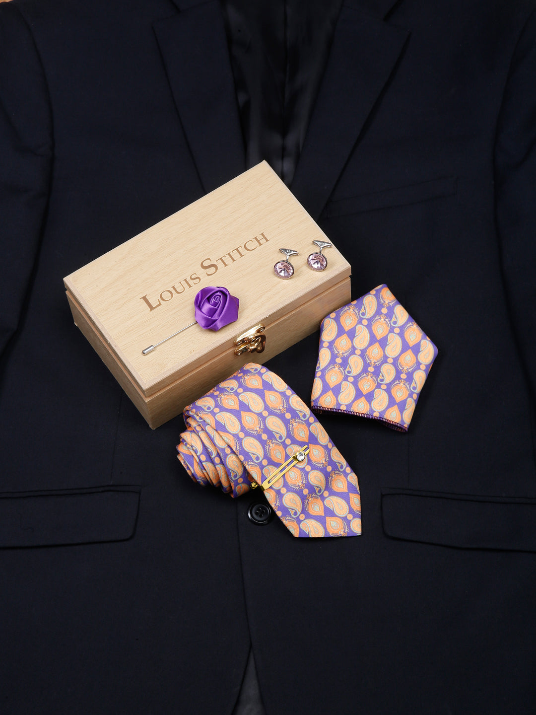 Amethyst Purple Luxury Italian Silk Necktie Set With Pocket Square Cufflinks Brooch Gold Tie pin