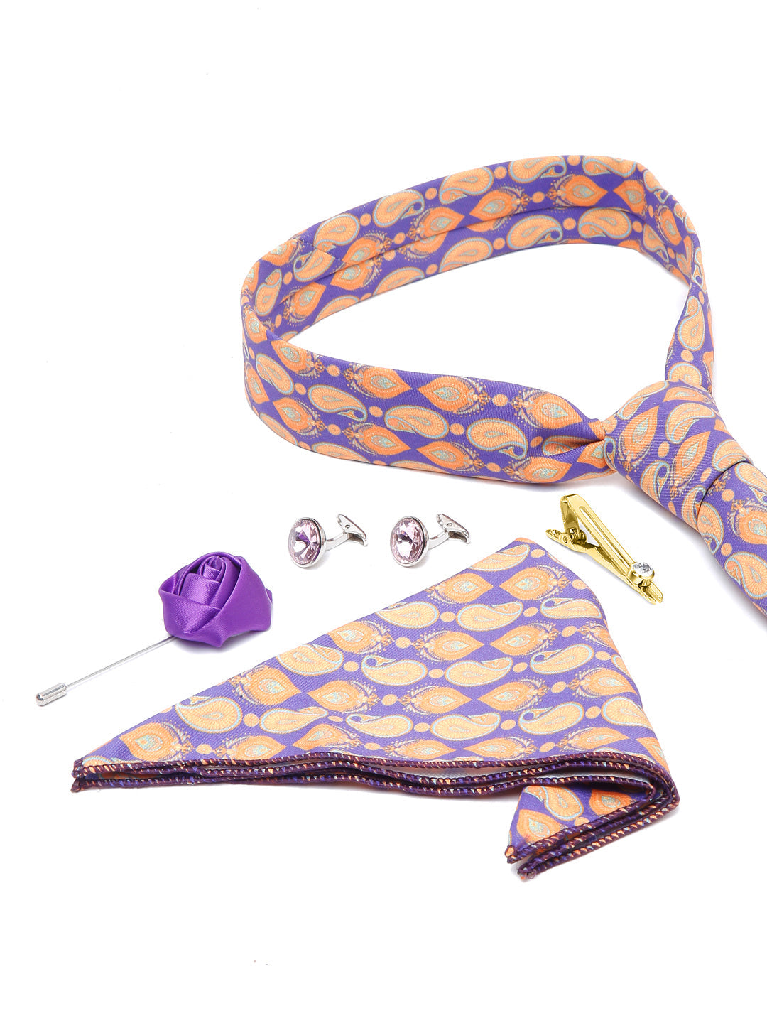 Amethyst Purple Luxury Italian Silk Necktie Set With Pocket Square Cufflinks Brooch Gold Tie pin