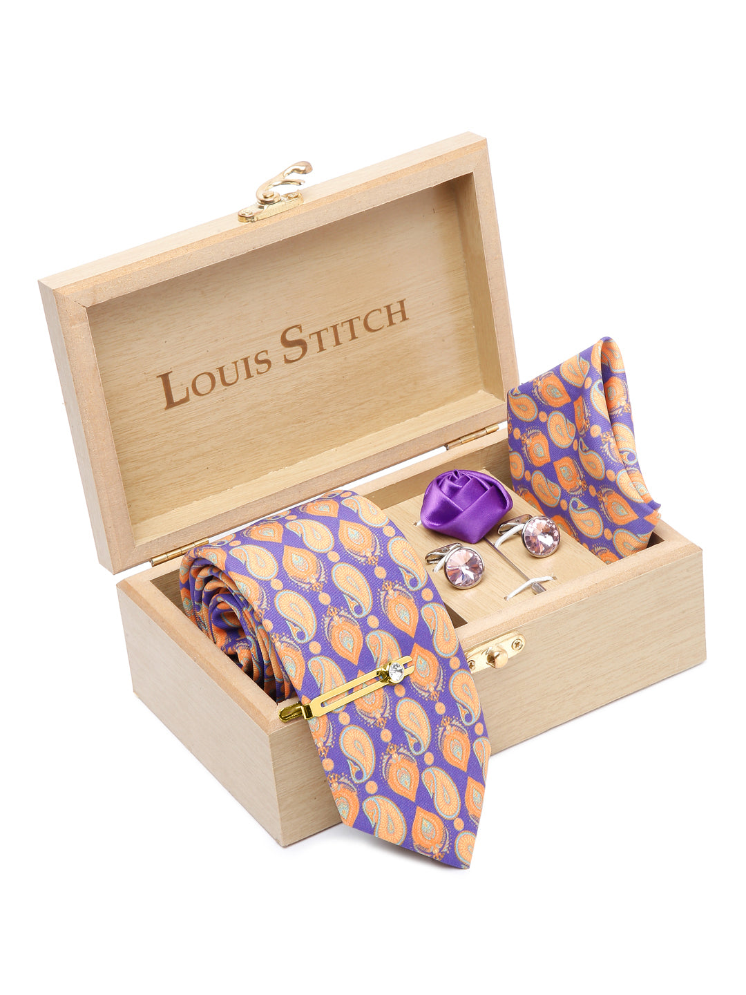 Amethyst Purple Luxury Italian Silk Necktie Set With Pocket Square Cufflinks Brooch Gold Tie pin