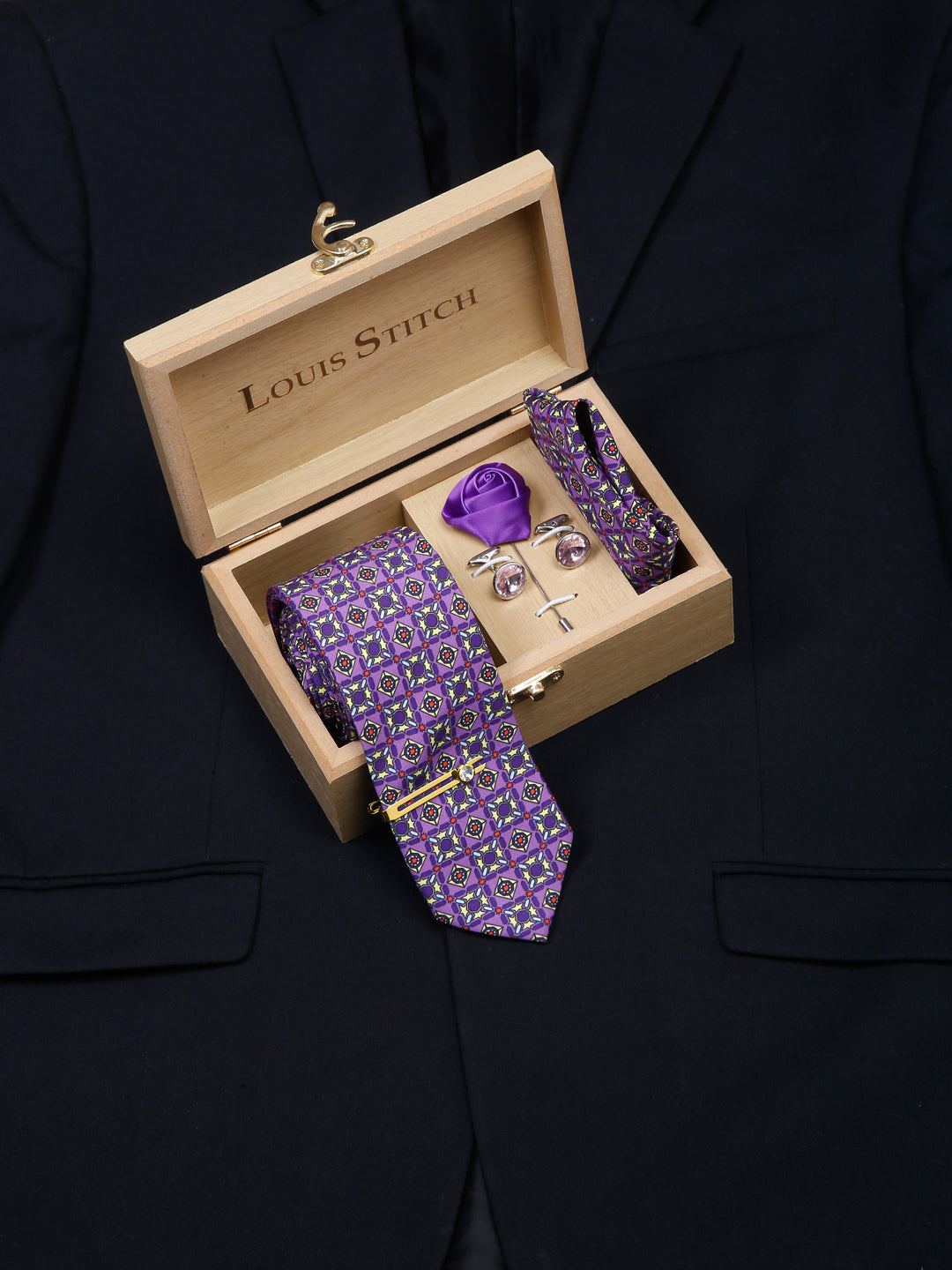 Heliotrope Purple Luxury Italian Silk Necktie Set With Pocket Square Cufflinks Brooch Gold Tie pin