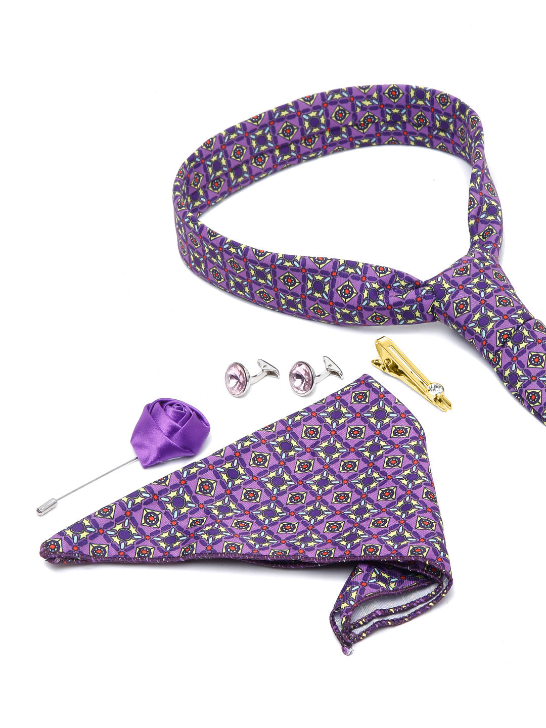 Heliotrope Purple Luxury Italian Silk Necktie Set With Pocket Square Cufflinks Brooch Gold Tie pin