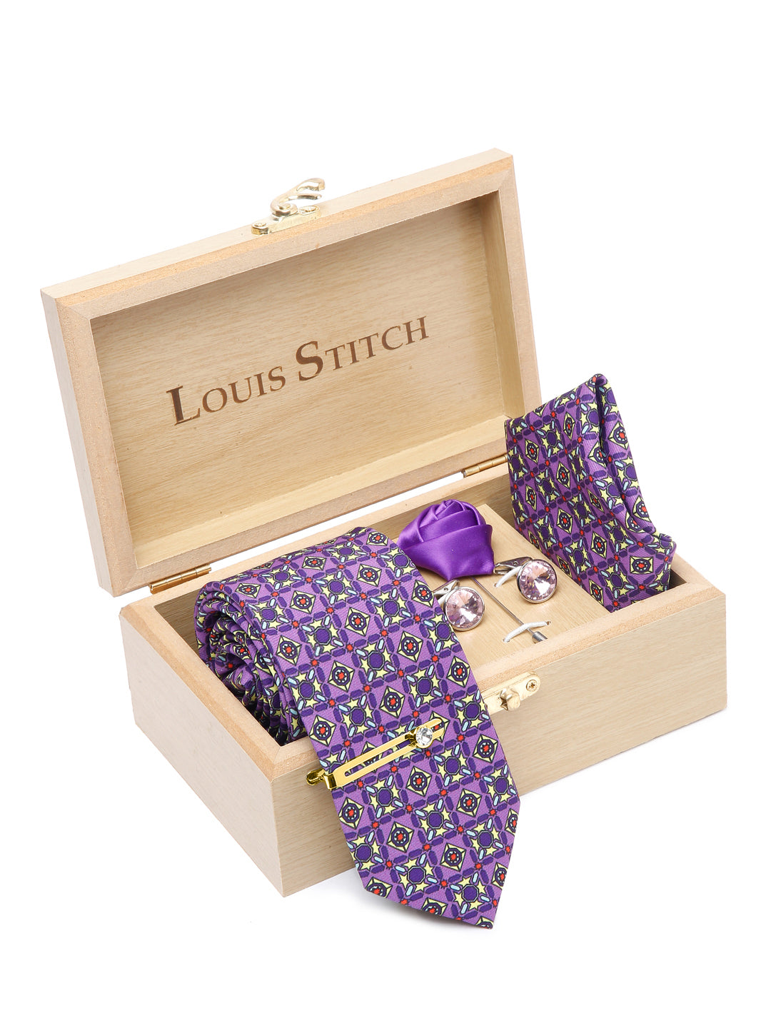 Heliotrope Purple Luxury Italian Silk Necktie Set With Pocket Square Cufflinks Brooch Gold Tie pin