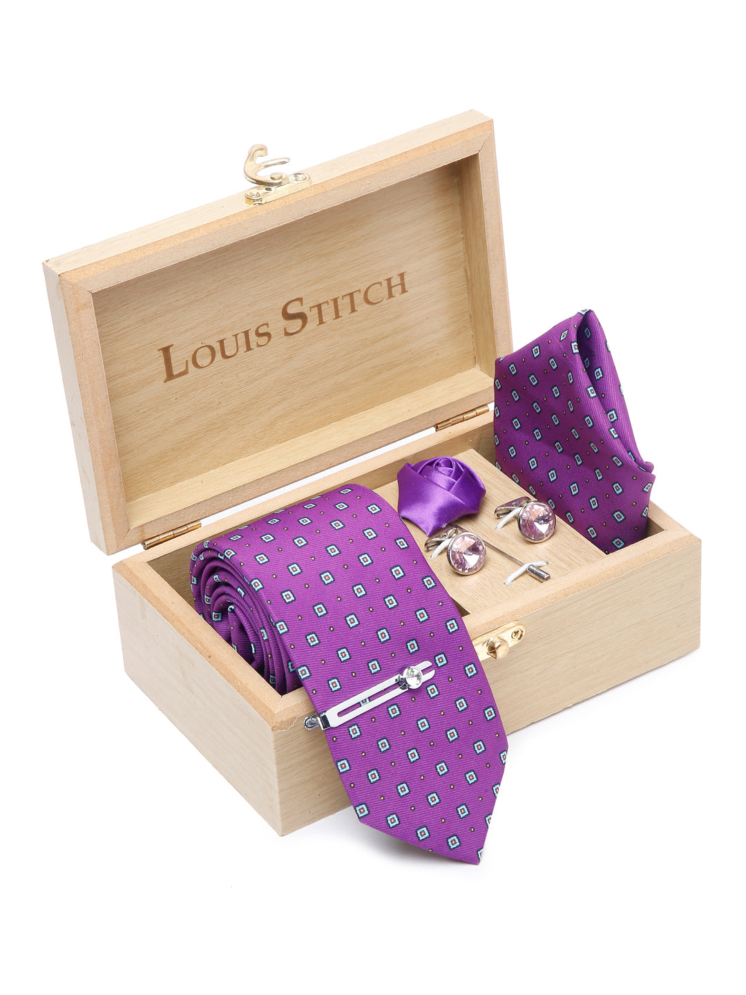 Liliac Purple Luxury Italian Silk Necktie Set With Pocket Square Cufflinks Brooch Chrome Tie pin