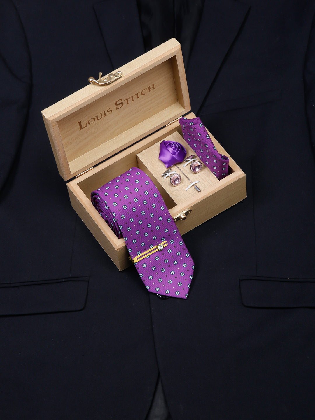 Liliac Purple Luxury Italian Silk Necktie Set With Pocket Square Cufflinks Brooch Gold Tie pin