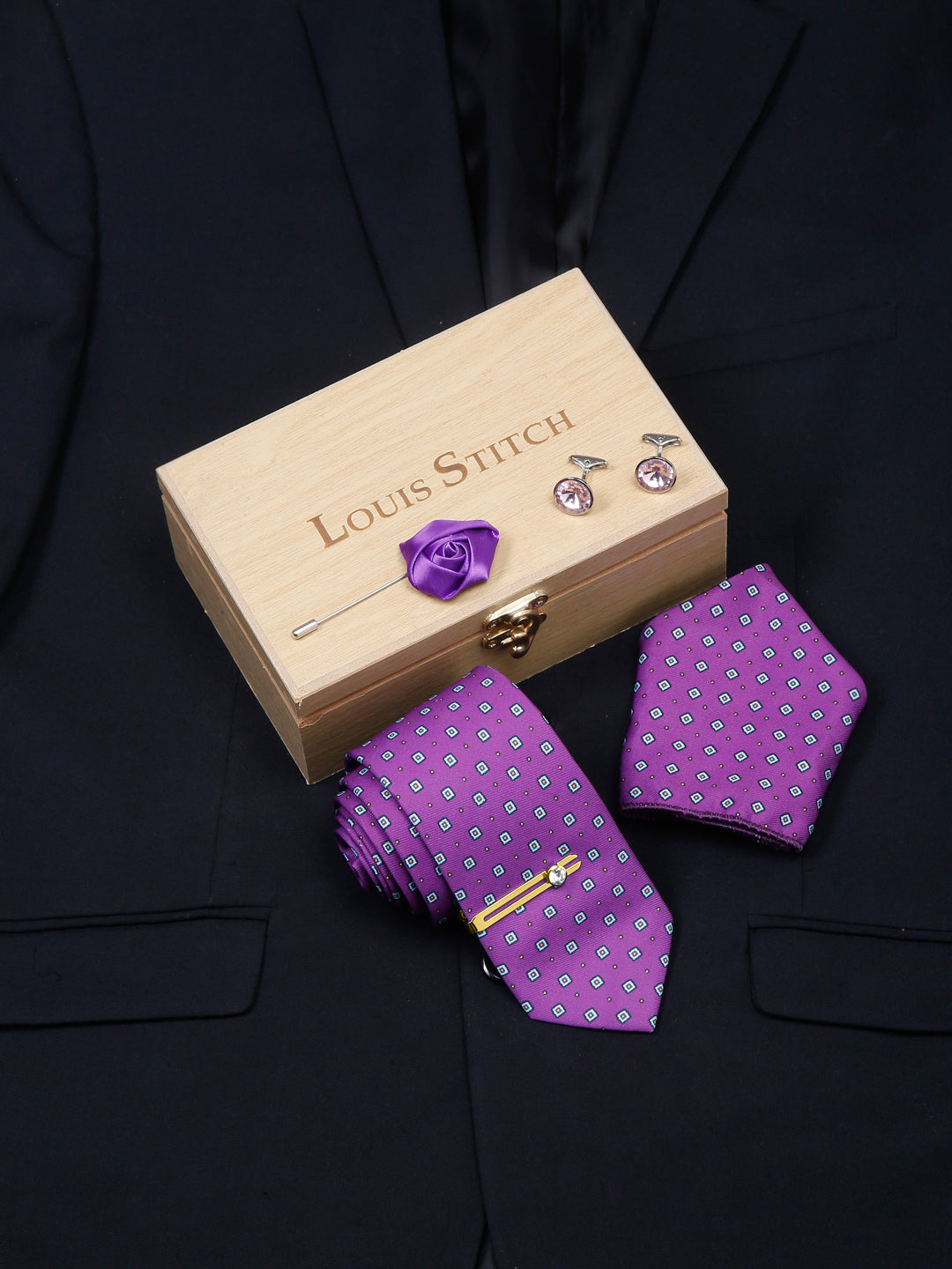 Liliac Purple Luxury Italian Silk Necktie Set With Pocket Square Cufflinks Brooch Gold Tie pin