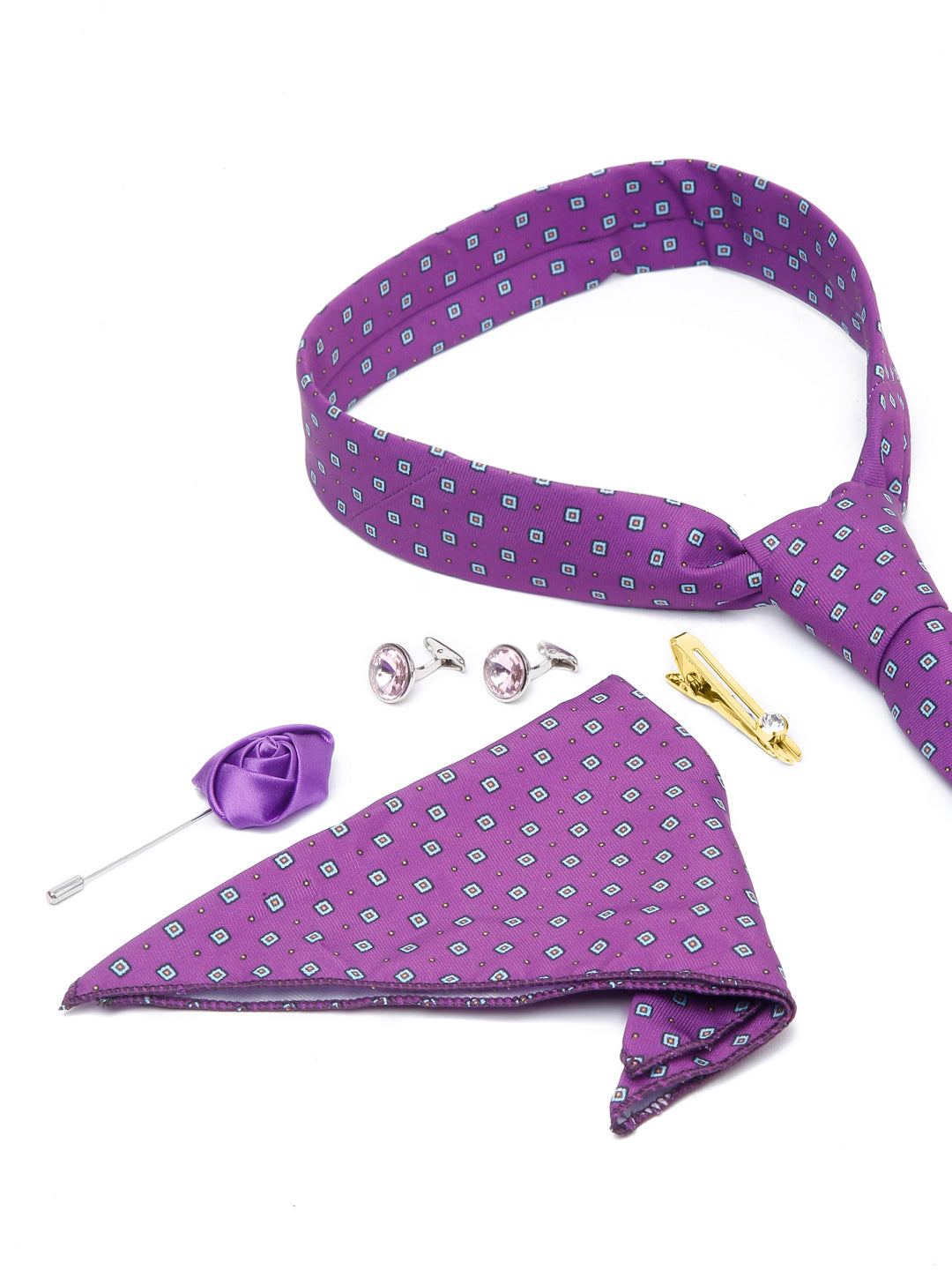 Liliac Purple Luxury Italian Silk Necktie Set With Pocket Square Cufflinks Brooch Gold Tie pin