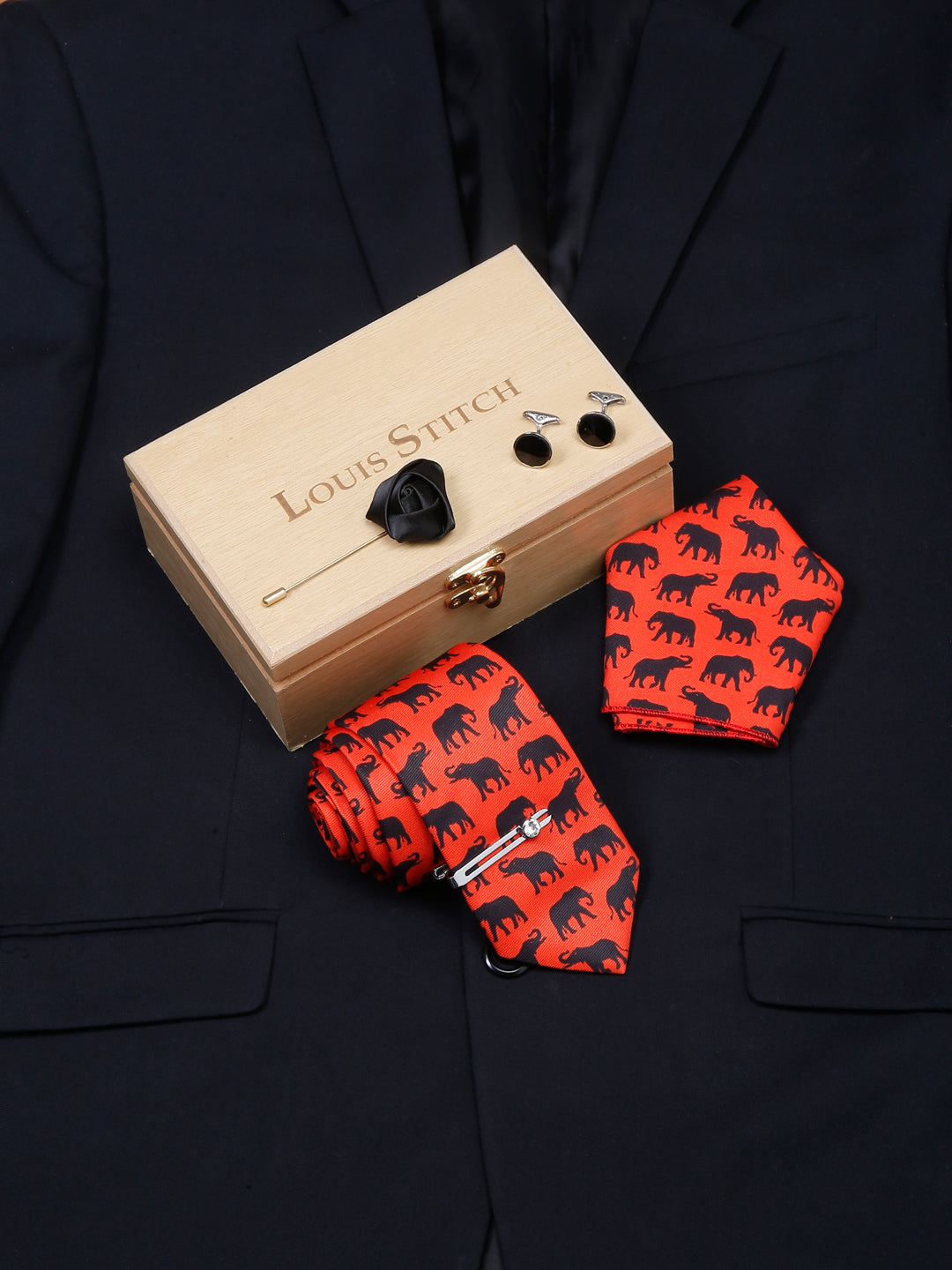 Blaze Orange Luxury Italian Silk Necktie Set With Pocket Square Cufflinks Brooch Chrome Tie pin