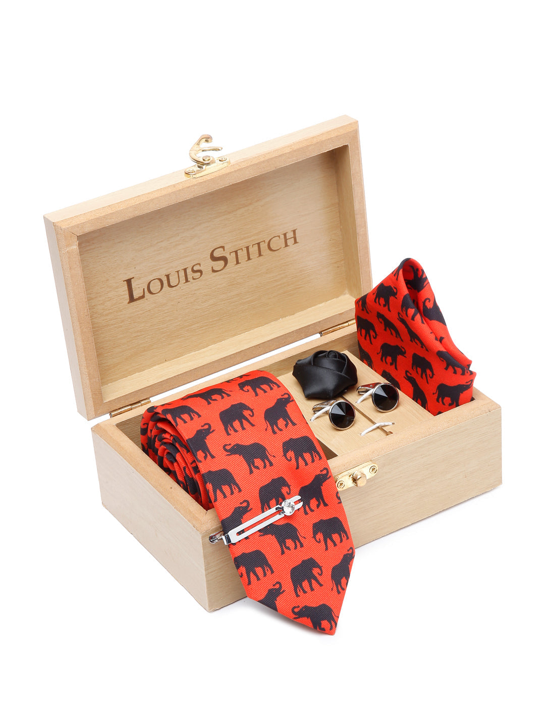 Blaze Orange Luxury Italian Silk Necktie Set With Pocket Square Cufflinks Brooch Chrome Tie pin