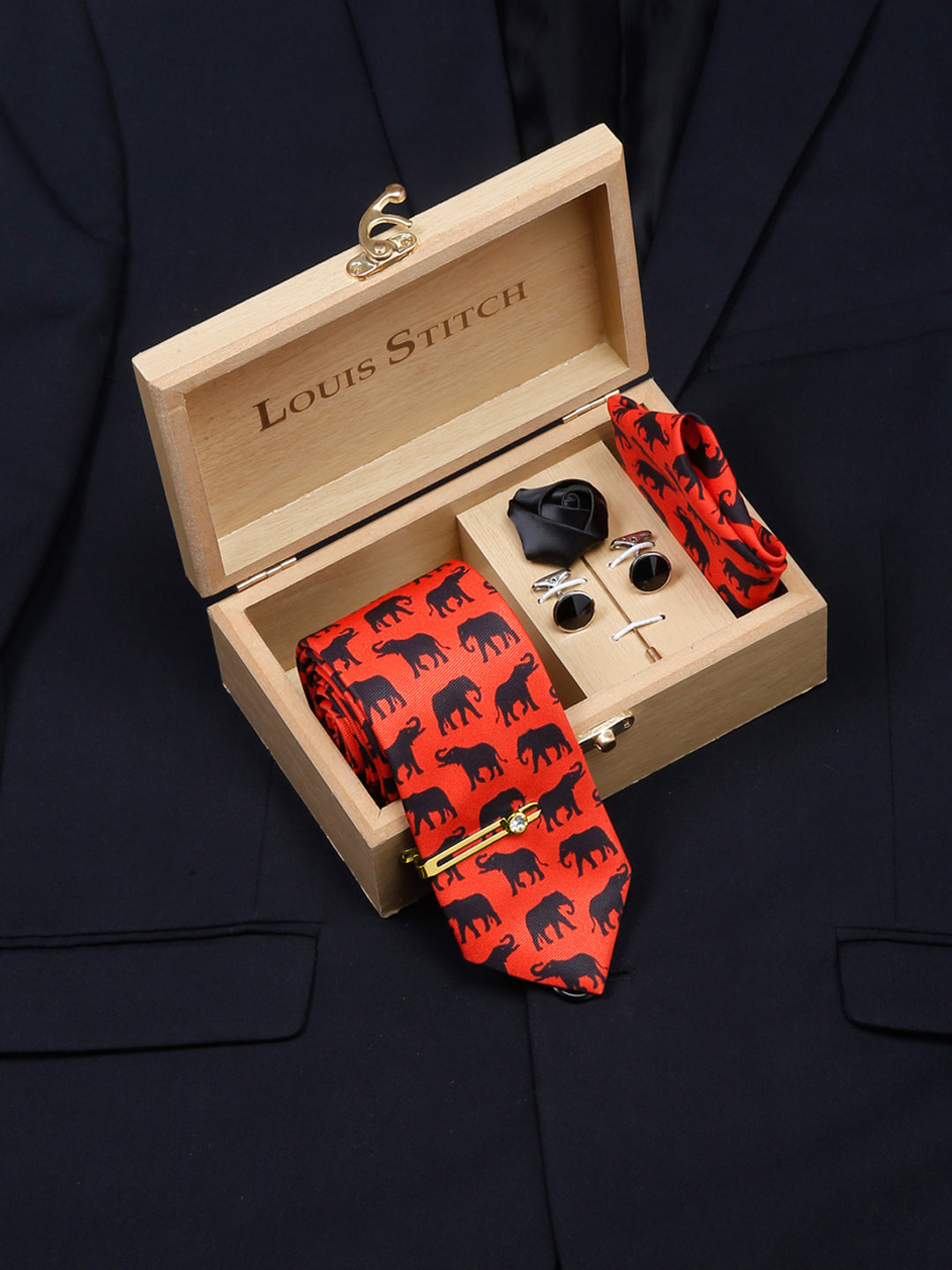 Blaze Orange Luxury Italian Silk Necktie Set With Pocket Square Cufflinks Brooch Gold Tie pin