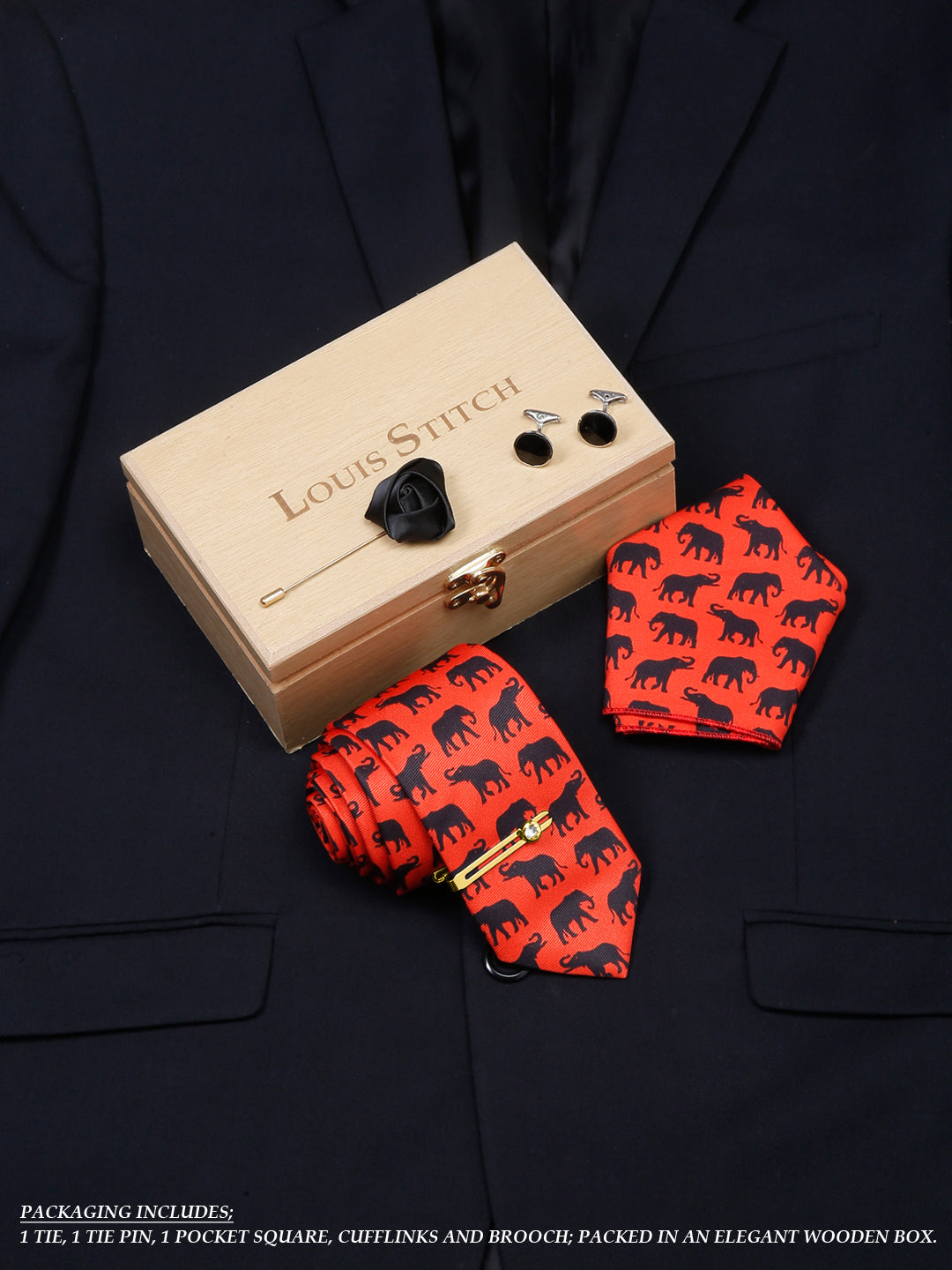 Blaze Orange Luxury Italian Silk Necktie Set With Pocket Square Cufflinks Brooch Gold Tie pin